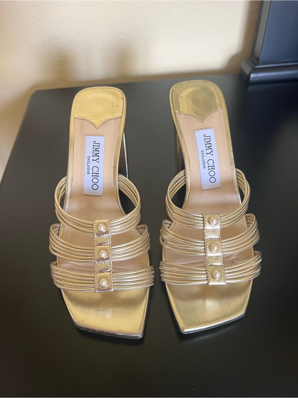 Jimmy Choo Kayla Metallic Gold Multi-Strap Slide Mules